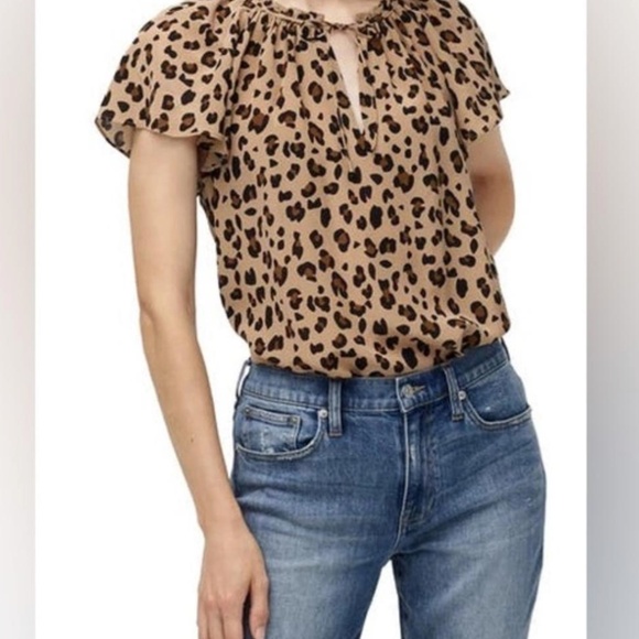 J. Crew Leopard Print 100% Silk Flutter Sleeve Top - Picture 4 of 9